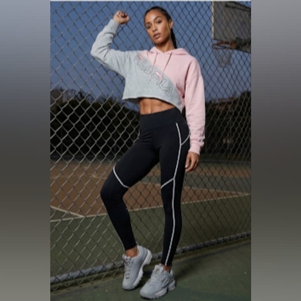 Fila Women's Pink and Gray Cropped Cotton Hoodie | Size Small